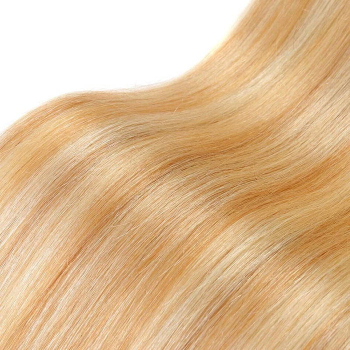 Blonde straight clip in human hair extensions in #P27/613 color, 7pcs of high-quality virgin human hair. Perfect for highlights and easy styling.