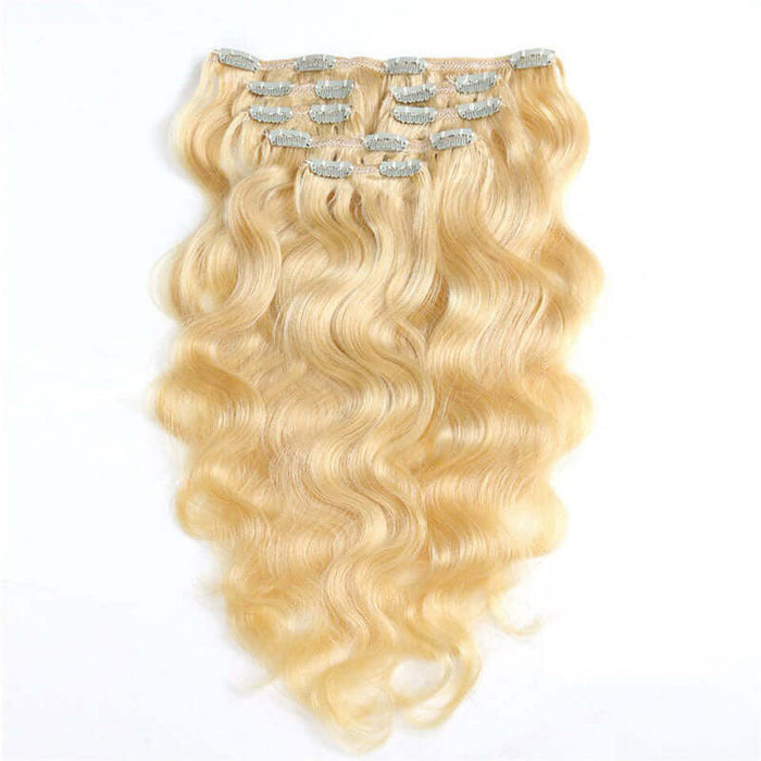 qvr blonde body wave clip in human hair extensions