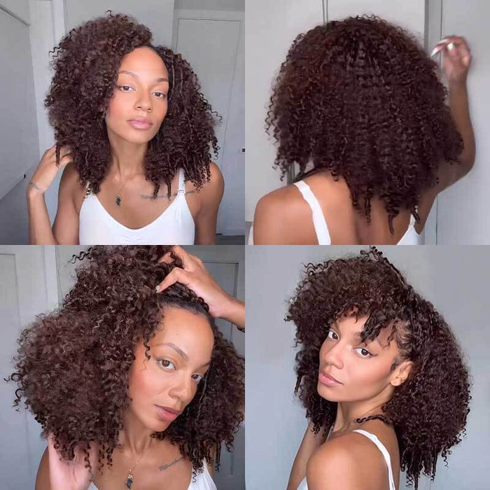 QVR Dark Brown #4 Crochet Hair Small Kinky Curly Machine Made Feather Human Hair Extension