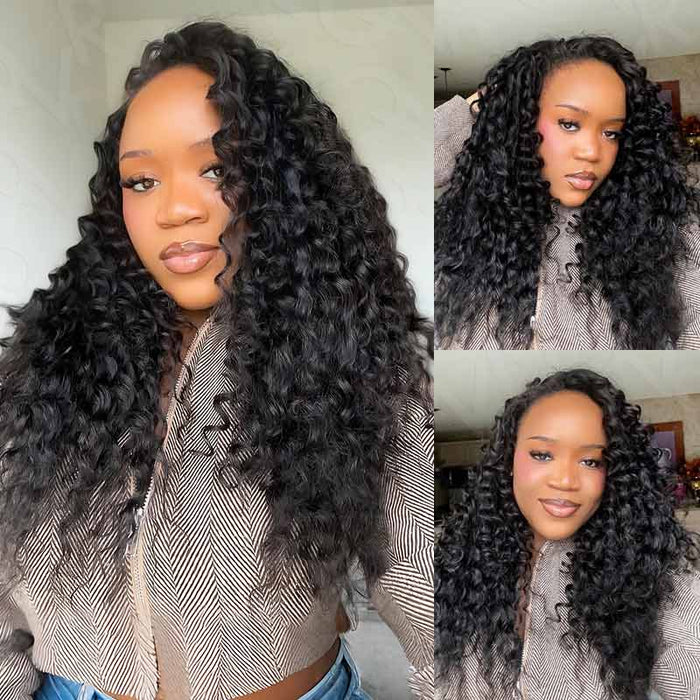 QVR Deep Wave Crochet Hair Natural Black Machine Made Feather Human Hair Extension