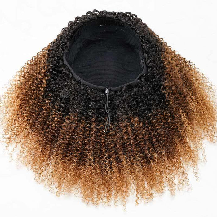 kinky curly half human hair wigs, blonde ombred color natural looking wigs