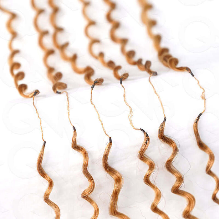 strands of honey blonde deep wave crochet braids with invisible knots