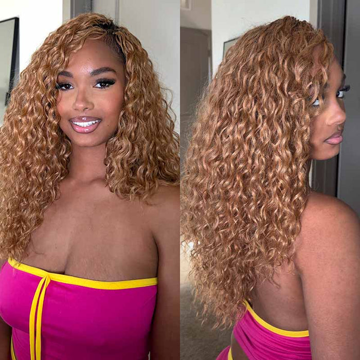 QVR Honey Blonde #27 Crochet Hair Water Wave Machine Made Feather Human Hair Extension