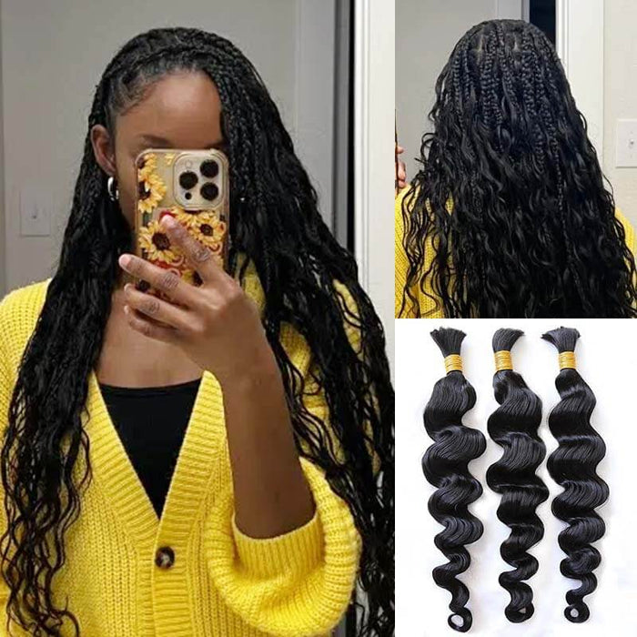 natural black loose bulk human hair extesnions for boho braids