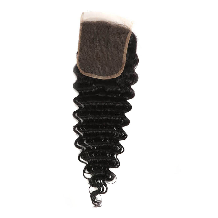 hand tied deep wave natural black virgin human hair with 4x4 lace closure