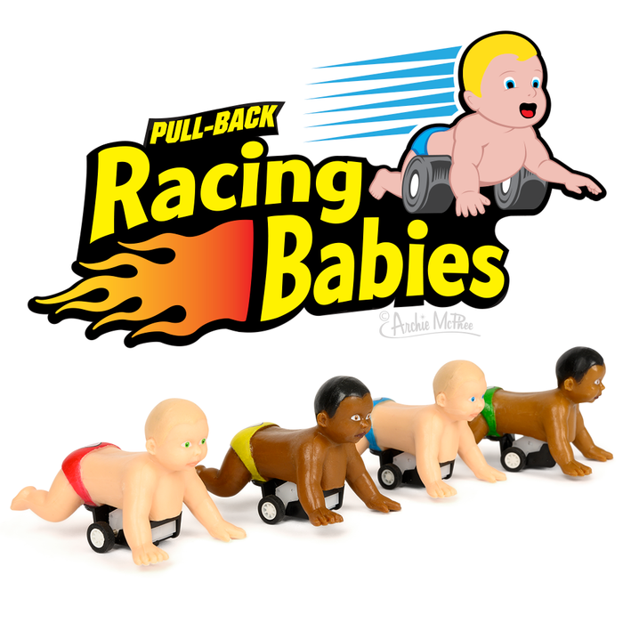 Four Racing Babies on wheels zoom forward beneath the logo, highlighting a vibrant blend of soft vinyl and plastic.