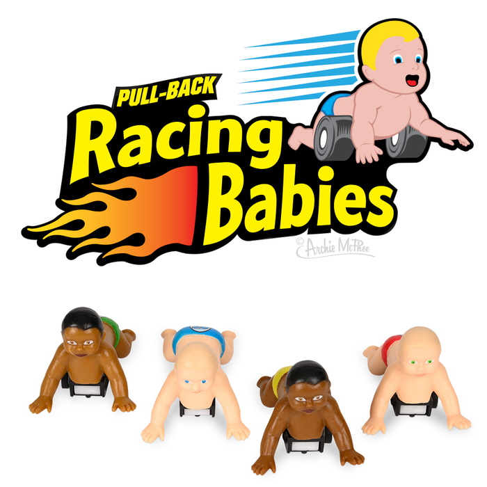 Introducing Racing Babies: These delightful figures, made from soft vinyl and plastic, showcase four adorable racers in dynamic racing positions. Just pull them back to set the wheeled babies off on a speedy dash. Ideal for bringing fun and excitement to any playtime adventure.