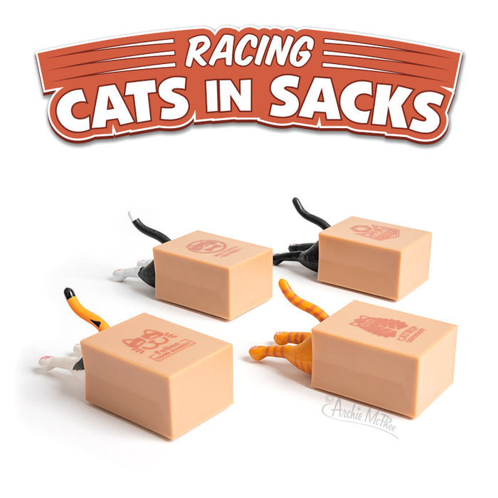 Four feline racers are partially obscured within sacks, with their playful tails and paws peeking out. Above them, the text reads Racing Cats in Sacks.