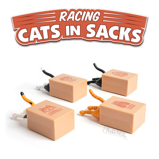 Four feline racers are partially obscured within sacks, with their playful tails and paws peeking out. Above them, the text reads Racing Cats in Sacks.