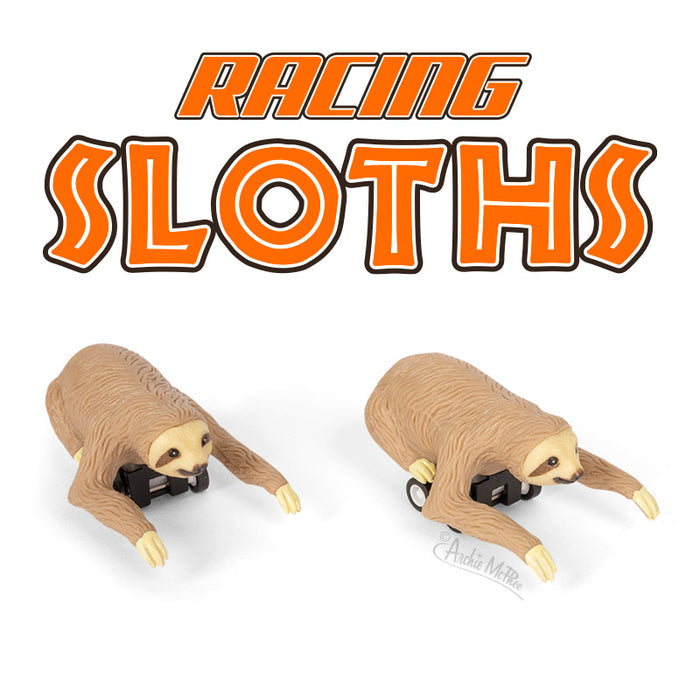 Soft vinyl toy sloths morph into speedy racers, with the product name "Racing Sloths" prominently featured in vivid orange text above them.