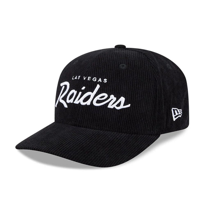Pictured is this NFL Cord Script Las Vegas Raiders 9SEVENTY Stretch Snap cap in black. 1