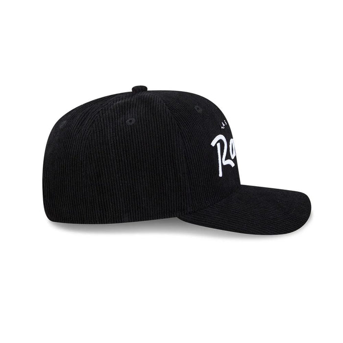 Pictured is this NFL Cord Script Las Vegas Raiders 9SEVENTY Stretch Snap cap in black. 6