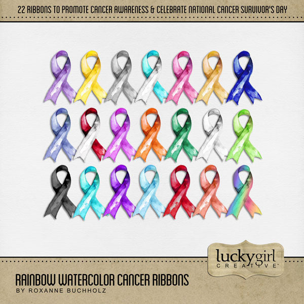 Rainbow Watercolor Cancer Ribbons Digital Scrapbook Kit