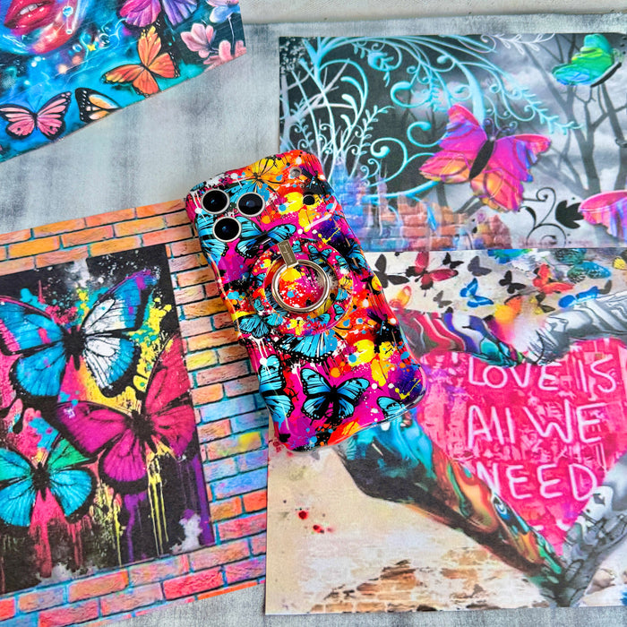 Trendy wavy iPhone case featuring a vibrant street-art collage of electric blue and yellow butterflies over neon pink paint splatters with a high-gloss finish.