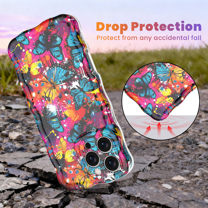 Trendy wavy iPhone case featuring a vibrant street-art collage of electric blue and yellow butterflies over neon pink paint splatters with a high-gloss finish.