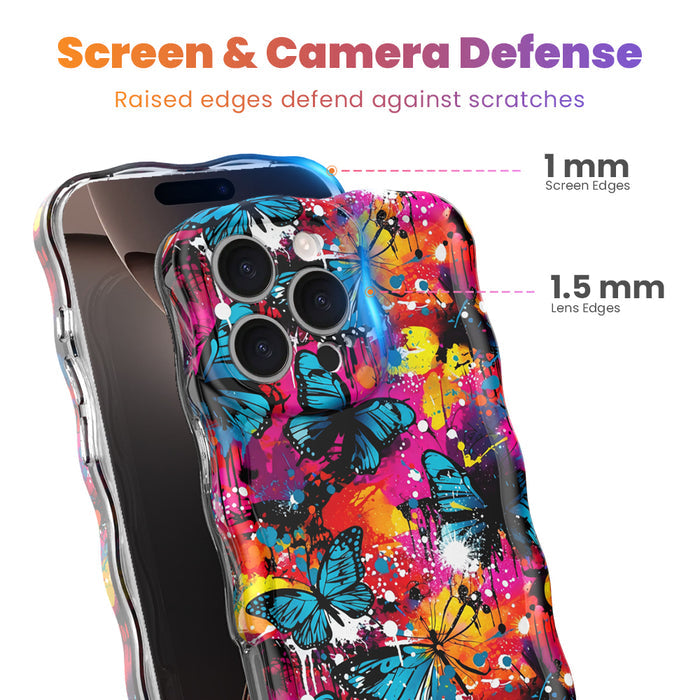 Trendy wavy iPhone case featuring a vibrant street-art collage of electric blue and yellow butterflies over neon pink paint splatters with a high-gloss finish.
