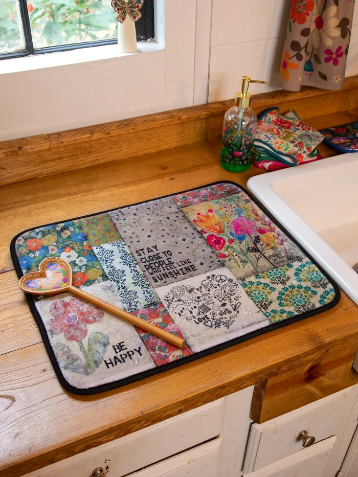 Reversible Dish Drying Mat - Dusty Blue Folk Flower-view 1
