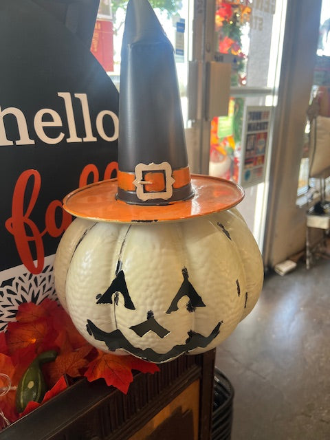 Rhynes Happy White Jack O Lantern with Witch Hat