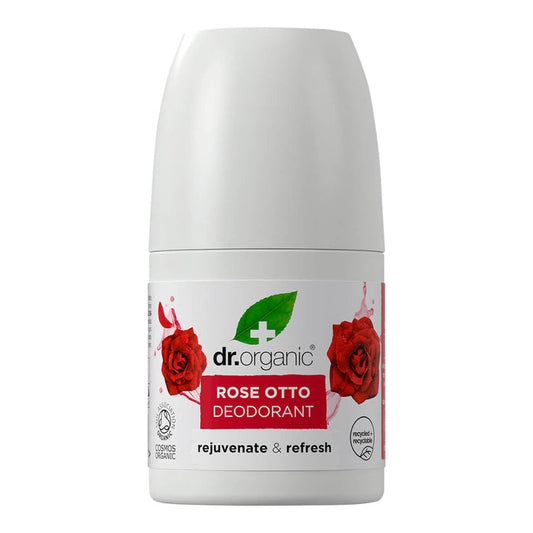 50ml bottle Dr. Organic Rose Otto Roll-On Deodorant, aluminium free, vegan, and cruelty free formula.