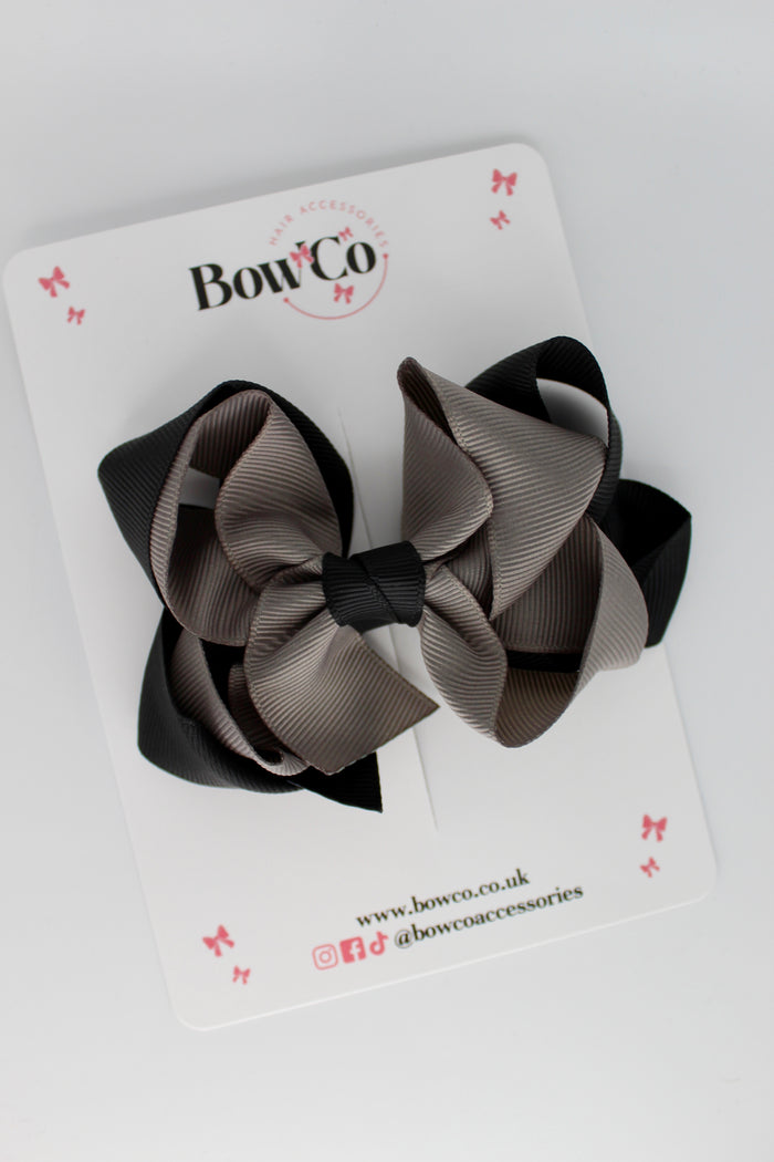 School Black and Grey Double Loop Bow - Clip