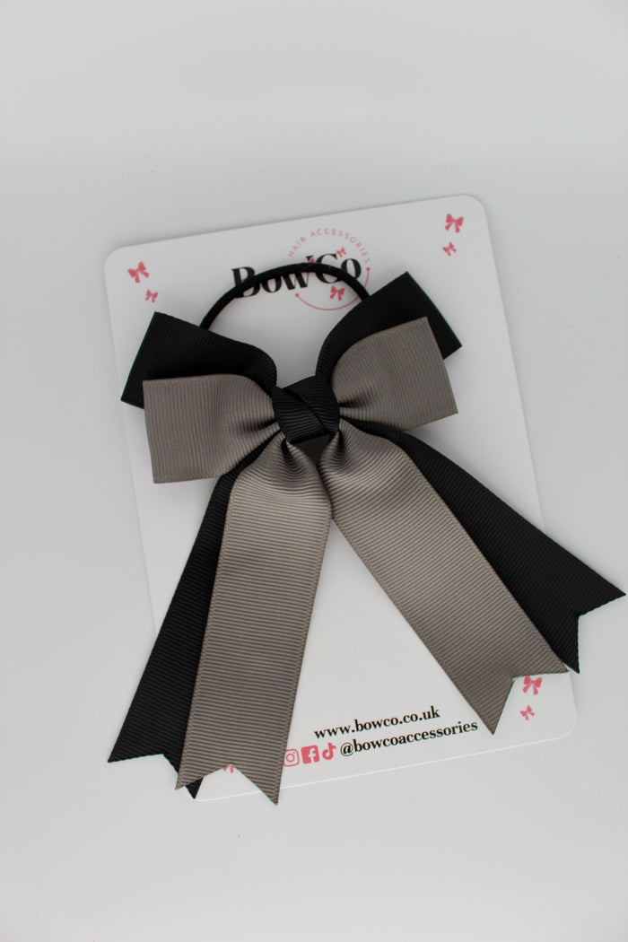 School Bow Black and Metal Grey - Double Ribbon Tail – Elastic