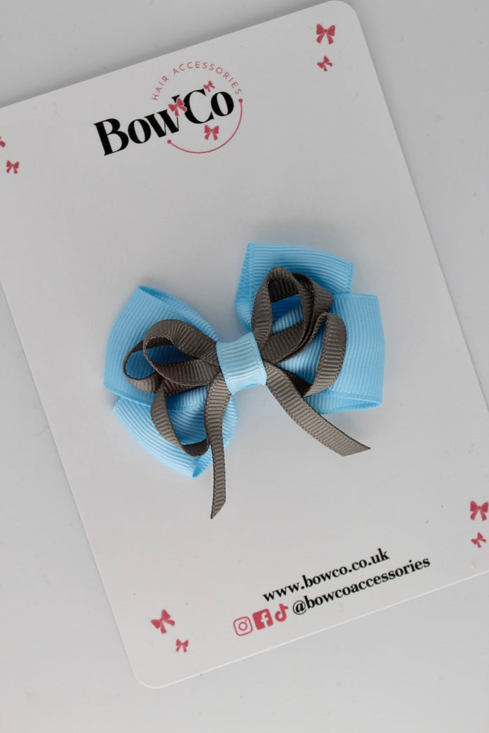 School Bow Blue Topaz and Metal Grey - Double Bow - Clip