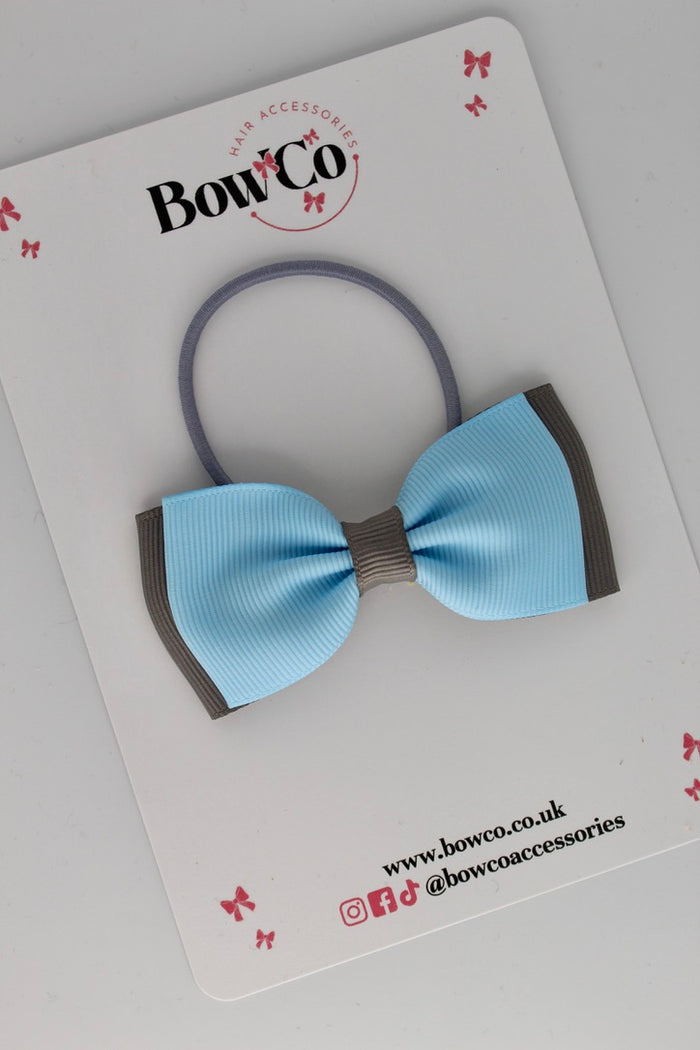 School Bow Blue Topaz and Metal Grey - Double Lapel Bow - Elastic