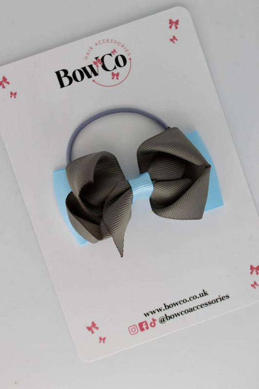 School Bow Blue Topaz and Metal Grey - Pleated Bow - Elastic