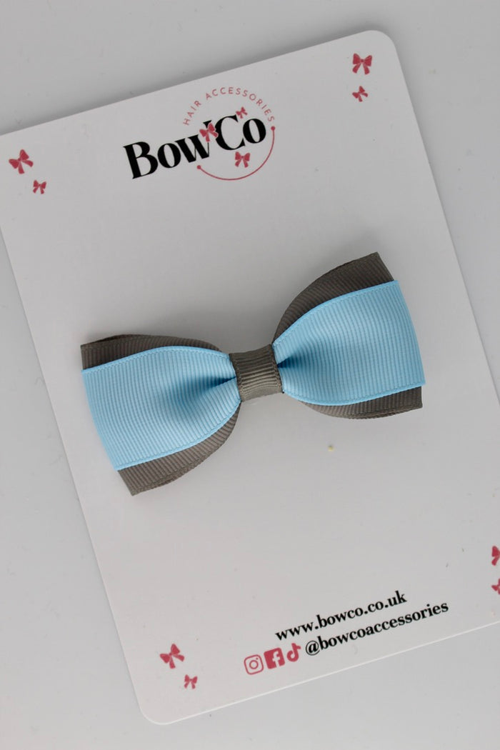 School Bow Blue Topaz and Metal Grey - Tuxedo Bow - Clip