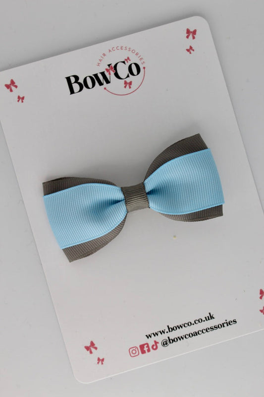 School Bow Blue Topaz and Metal Grey - Tuxedo Bow - Clip