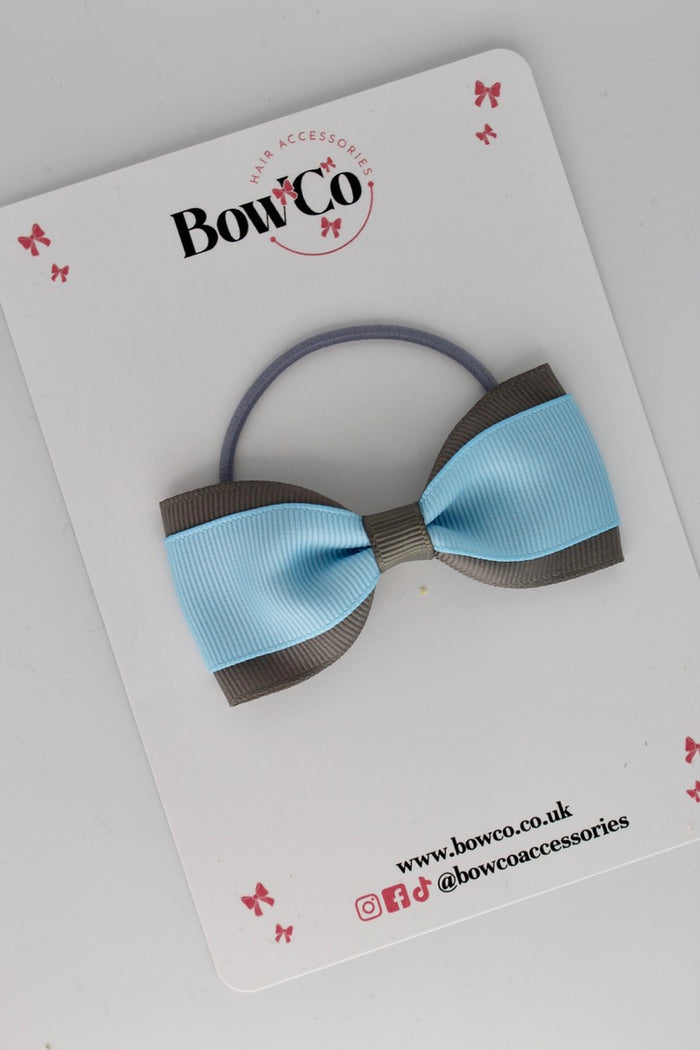 School Bow Blue Topaz and Metal Grey - Tuxedo Bow - Elastic