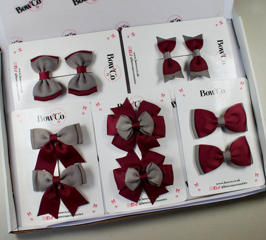 School Bow Bundle Saver - 10 Pack - Burgundy and Grey - Clip