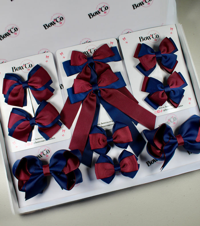 School Bow Bundle Saver - 10 Pack - Navy Blue and Burgundy - Clip
