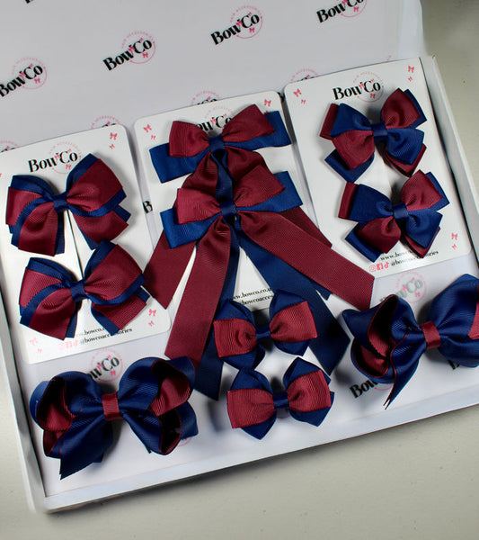 School Bow Bundle Saver - 10 Pack - Navy Blue and Burgundy - Clip