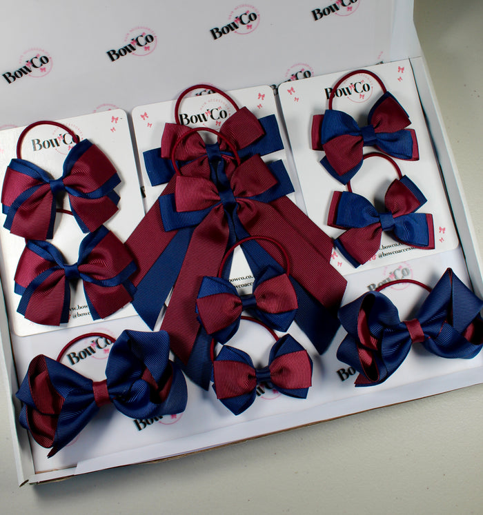 School Bow Bundle Saver - 10 Pack - Navy Blue and Burgundy - Elastic