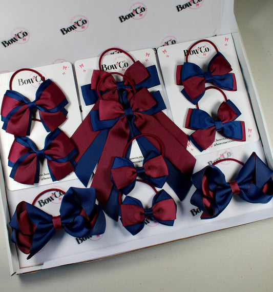 School Bow Bundle Saver - 10 Pack - Navy Blue and Burgundy - Elastic