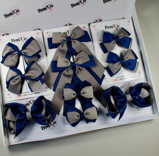 School Bow Bundle Saver - 10 Pack - Navy Blue and Grey - Clip