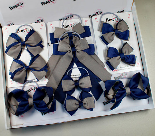 School Bow Bundle Saver - 10 Pack - Navy Blue and Grey - Elastic
