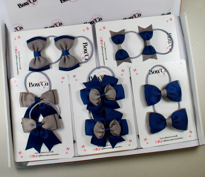 School Bow Bundle Saver - 10 Pack - Navy Blue and Grey - Elastic