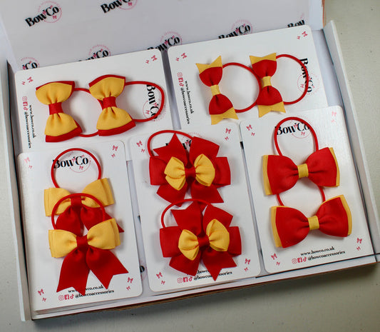 School Bow Bundle Saver - 10 Pack - Red and Yellow Gold - Elastic