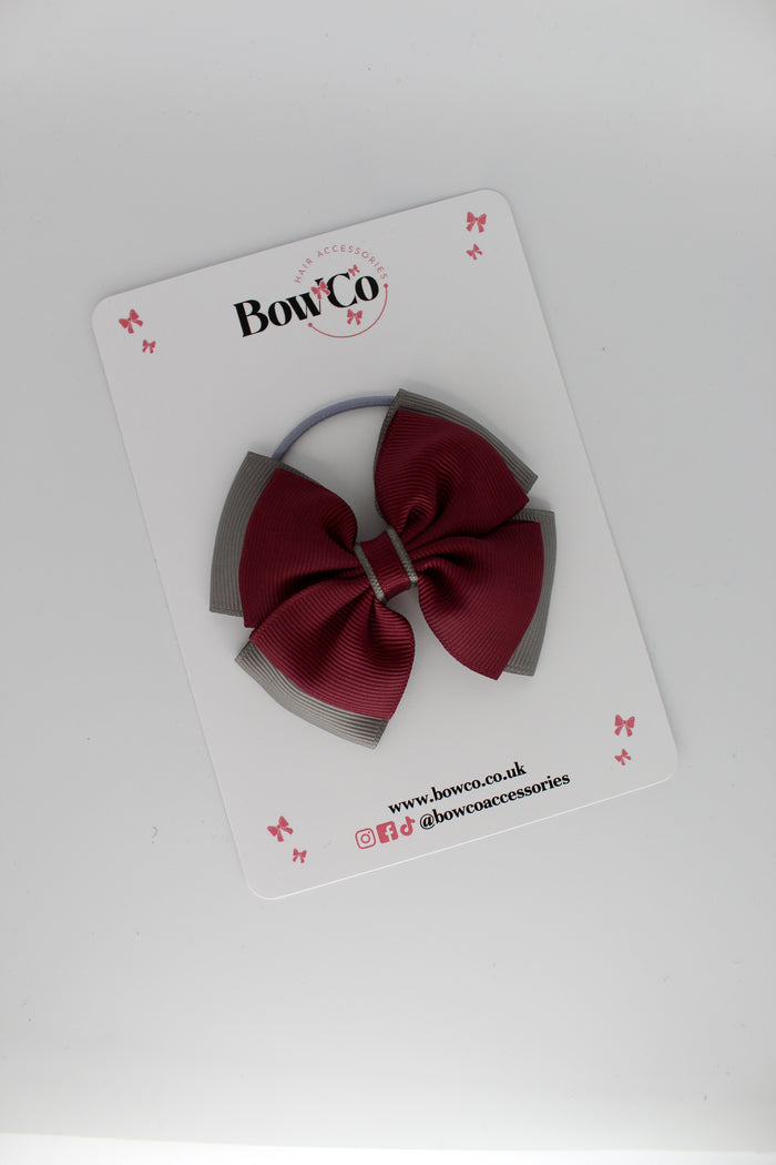 School Bow Burgundy and Metal Grey - Layer Edge Bow - Elastic