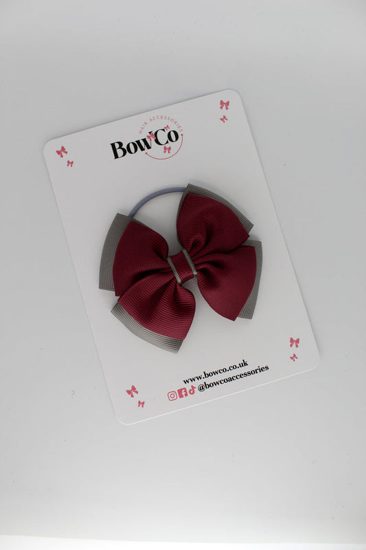 School Bow Burgundy and Metal Grey - Layer Edge Bow - Elastic