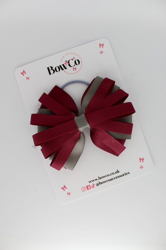 School Bow Burgundy and Metal Grey - Spiral Bow - Elastic