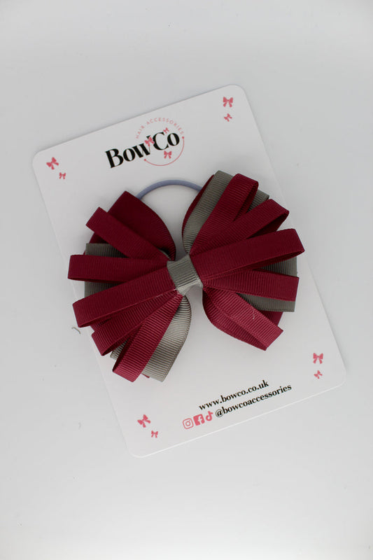 School Bow Burgundy and Metal Grey - Spiral Bow - Elastic
