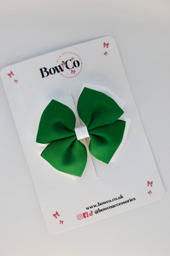 School Bow Forest Green and White - Double Layer Bow - Clip