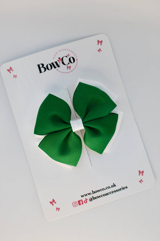 School Bow Forest Green and White - Double Layer Bow - Clip