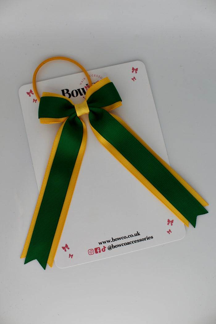School Bow Green and Yellow Gold - Tuxedo Tails Bow - Elastic