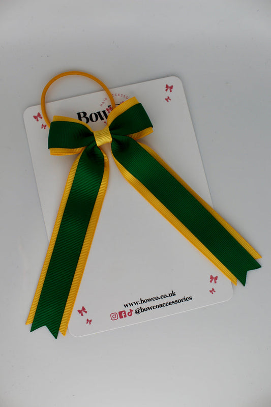 School Bow Green and Yellow Gold - Tuxedo Tails Bow - Elastic