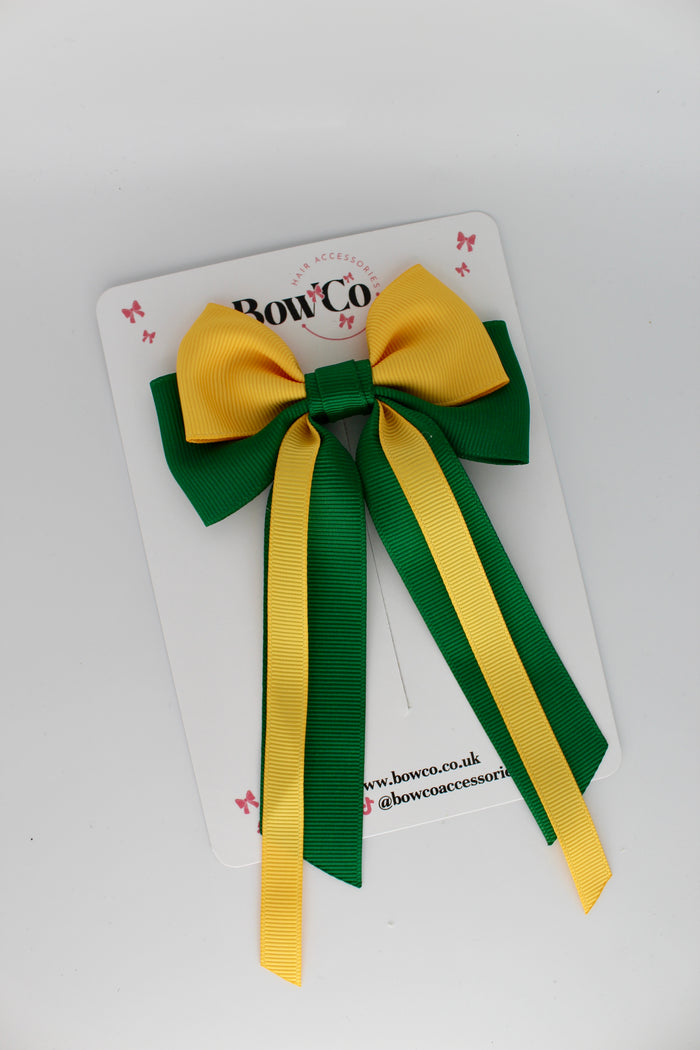 School Bow Green and Yellow Gold Streamer Tail Bow - Clip