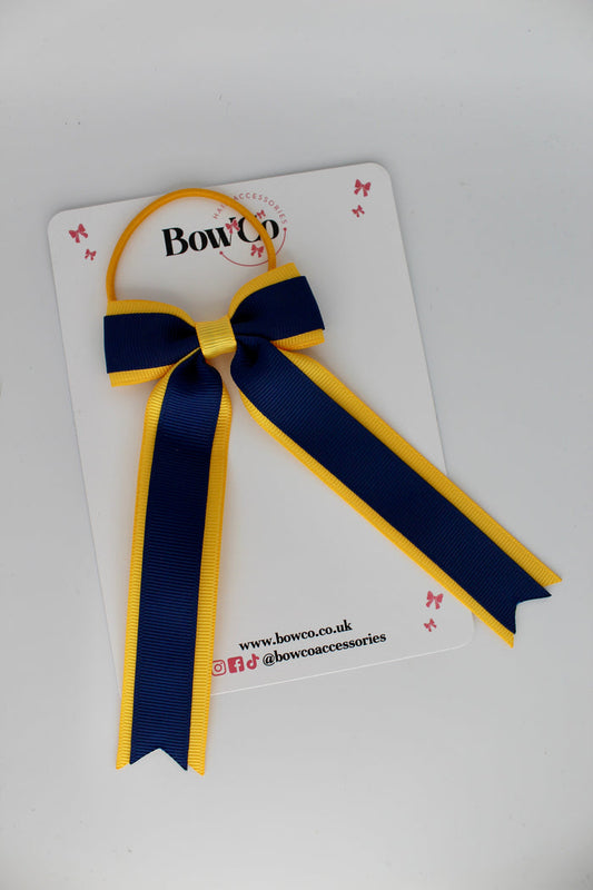 School Bow Navy Blue and Yellow Gold - Tuxedo Tails Bow - Elastic